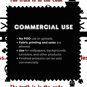May include: A black rectangular sign with scalloped edges featuring the white text COMMERCIAL USE. It lists usage terms: No POD use or uploads, fabric printing and sales are allowed, use for wallpapers, backgrounds, tumblers, and other products.