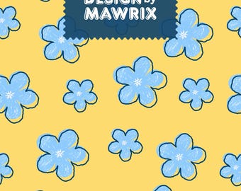 Blue Floral Seamless Pattern, Yellow Flower Fabric Print, Digital Pattern