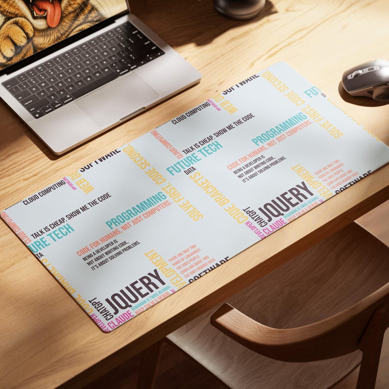 May include: A rectangular desk mat featuring a white background with repeating multi-colored text including JQUERY, PROGRAMMING, FUTURE TECH, CLOUD COMPUTING, and phrases like TALK IS CHEAP. SHOW ME THE CODE and CODE FOR HUMANS, NOT JUST COMPUTERS.