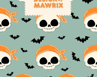 Halloween Skull Seamless Pattern, Orange Bandana Skull Digital Paper JPG