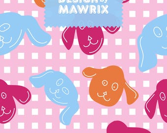 Colorful Puppy Seamless Pattern, Pink Checkerboard Background (Digital Download)