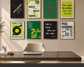 Juego de 8 láminas decorativas para programadores, decoración para oficinas de programación y pósteres tecnológicos imprimibles.