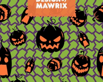 Halloween Pumpkin Seamless Pattern, Black Orange Digital Paper, 12x12 JPG