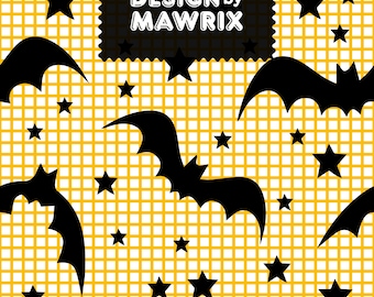 Black Bat Seamless Pattern, Halloween Digital Paper, Yellow Checkered Print