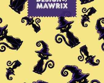 Witch Cat Seamless Pattern, Black Cat Halloween Digital Paper, Pixel Art JPG