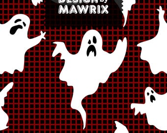 Halloween Ghost Seamless Pattern, Spooky Digital Paper, Black Red Grid JPG
