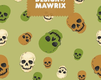 Halloween Skull Seamless Pattern, Green Orange Skull Digital Paper JPG