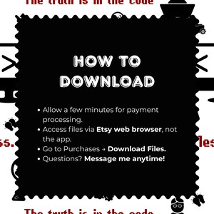 May include: A black rectangular instructional graphic with a scalloped border featuring white text that reads HOW TO DOWNLOAD, followed by instructions to wait for payment, use an Etsy web browser, navigate to Purchases, and message for questions.