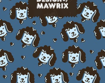 Curly Dog Seamless Pattern, Blue Puppy Hearts (Digital Paper)
