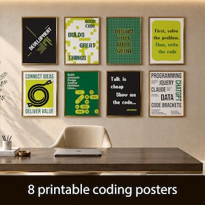 Ensemble de 8 affiches murales pour programmeurs, décoration de bureau sur le thème du codage et posters techniques imprimables