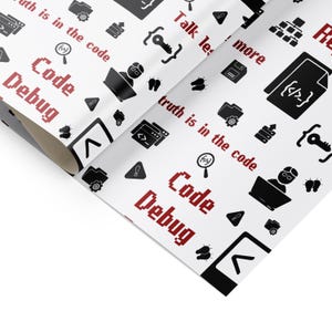 May include: White wrapping paper featuring a repeating pattern of black computer-themed icons including folders, keys, and programmers at laptops. The text "Code Debug" and "The truth is in the code" appear in a red pixelated font throughout the design.