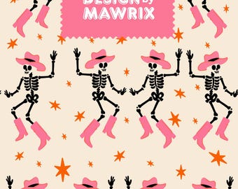 Cowgirl Skeleton Seamless Pattern, Western Halloween Digital Paper JPG
