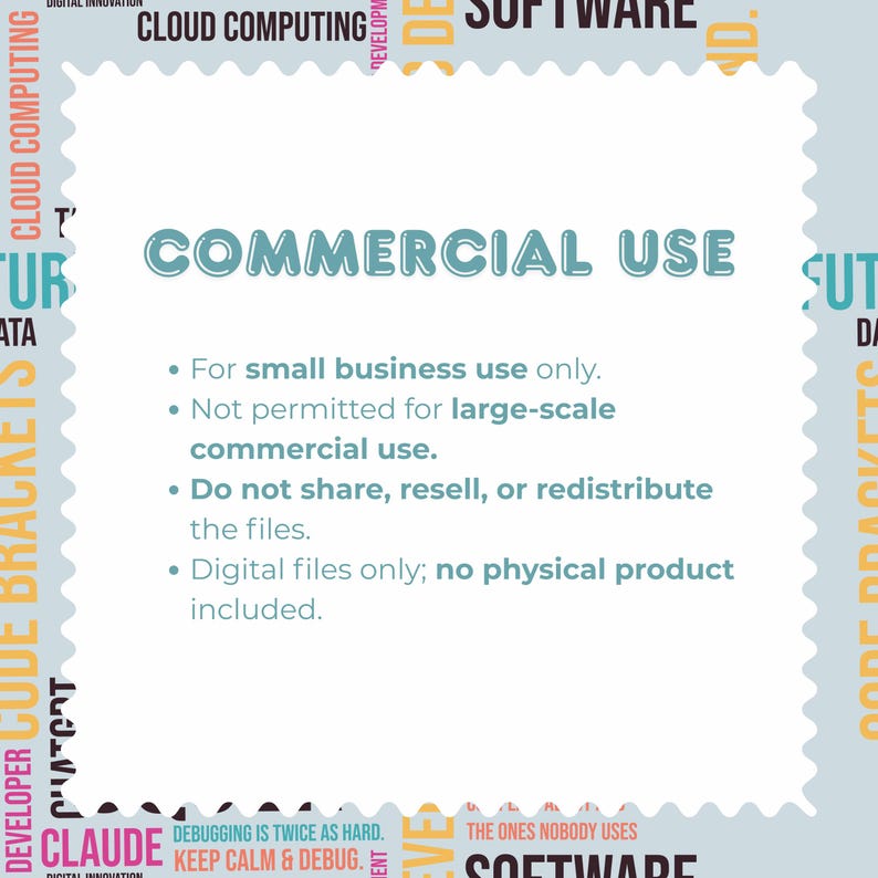 May include: A square digital license card with scalloped edges featuring the text COMMERCIAL USE. It lists restrictions: for small business use only, not for large-scale use, no sharing or reselling, and that these are digital files only.