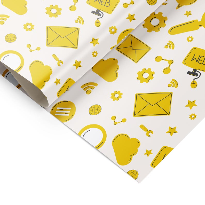 May include: A white wrapping paper featuring a repeating pattern of yellow digital icons including envelopes, cloud shapes, gears, stars, Wi-Fi symbols, magnifying glasses, and computer monitors with the text WEB and a mouse.