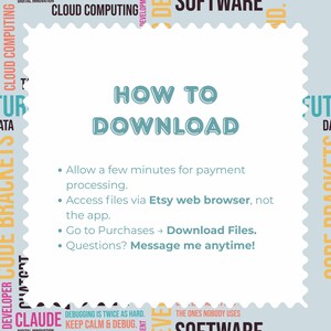 May include: A white square with scalloped edges featuring the teal text HOW TO DOWNLOAD. Instructions include: Allow a few minutes for payment processing. Access files via Etsy web browser, not the app. Go to Purchases, Download Files. Questions? Message me anytime!