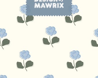 Blue Floral Seamless Pattern, Minimal Botanical Digital Paper, Cream Background JPG