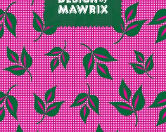 Green Leaf Seamless Pattern, Pink Checkered Digital Paper, Botanical JPG