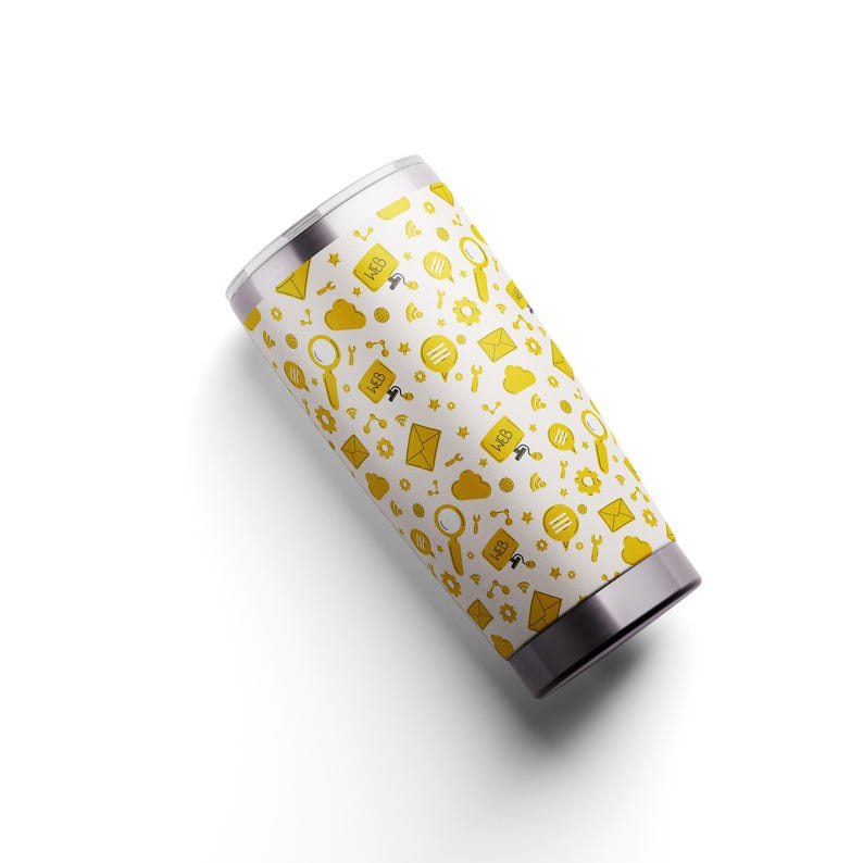 May include: A cylindrical tumbler with a white exterior featuring a repeating yellow pattern of web-related icons including magnifying glasses, envelopes, speech bubbles, clouds, gears, and small squares labeled with the text WEB.