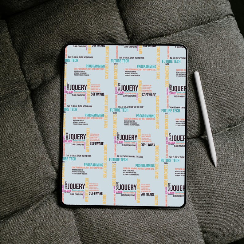 May include: A rectangular tablet with a light blue screen featuring a repeating pattern of tech-related text including JQUERY, PROGRAMMING, SOFTWARE, and FUTURE TECH in various colors, accompanied by a white stylus pen placed to the right side.