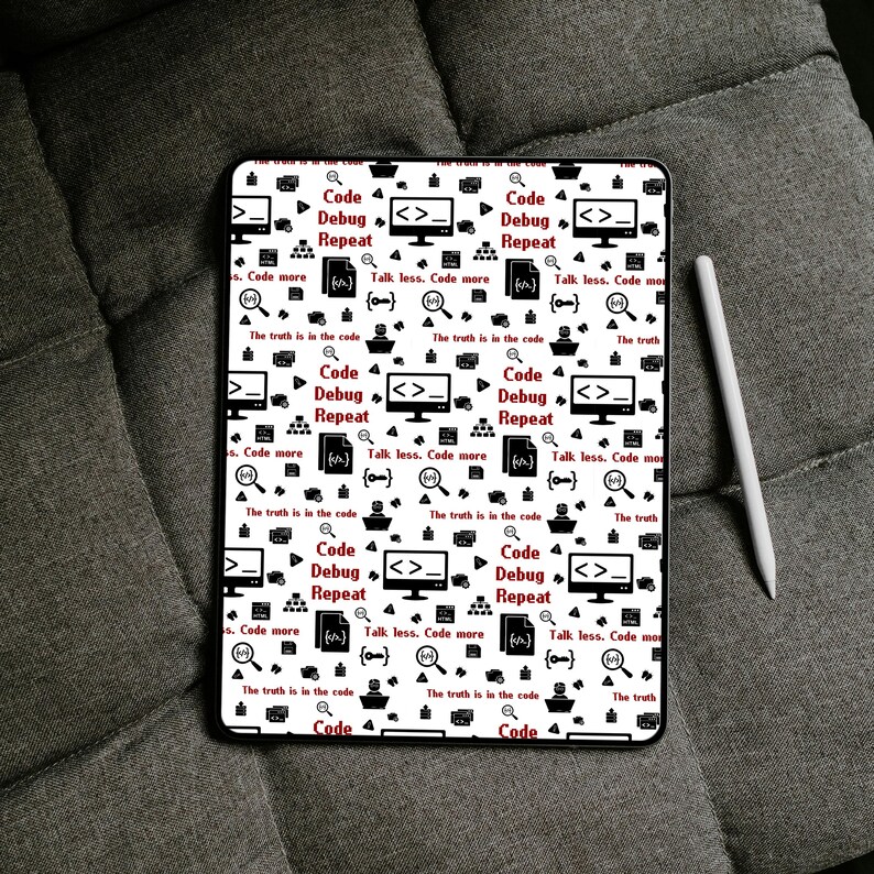 May include: A rectangular tablet featuring a white background with a repeating pattern of black programming icons and red text. The text includes phrases like Code Debug Repeat, Talk less. Code more, and The truth is in the code. A white stylus is adjacent.