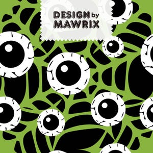 May include: A repeating pattern featuring white eyeballs with black pupils and irises set against a vibrant lime green and black abstract background. A white rectangular label at the top displays the text DESIGN by MAWRIX in black letters.
