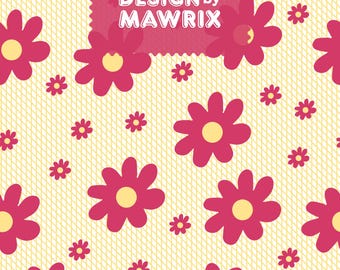 Retro Pink Floral Seamless Pattern, Yellow Grid Digital Paper, 12x12 JPG
