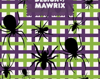 Halloween Spider Seamless Pattern, Spooky Spider Digital Paper, Purple Green Grid JPG