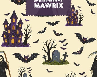 Halloween Seamless Pattern, Haunted House & Bat Digital Paper, Spooky JPG