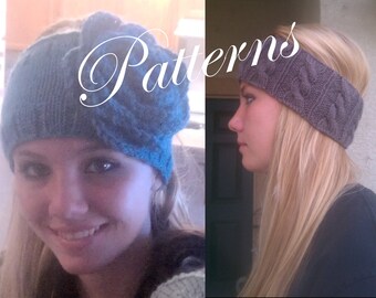 2 PDF Patterns  Knitted Headband with Flower and Cabled Earwarmer Headwraps