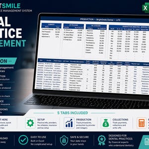 May include: A laptop screen displaying the BrightSmile Dental Practice Management System Lite Edition, a Microsoft Excel workbook. The interface shows financial production tables, provider metrics, and procedure logs with columns for dates, patient names, and costs.