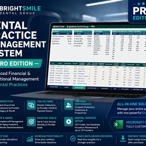 Puede incluir: Un ordenador portátil que muestra el sistema de gestión de clínicas dentales BrightSmile Dental Group Pro Edition. La pantalla presenta una hoja de cálculo financiera detallada con columnas por proveedor, categoría y análisis mensual, junto con texto descriptivo.