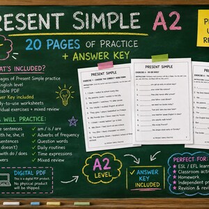 May include: A digital PDF educational resource for A2 level English grammar featuring 20 pages of Present Simple practice worksheets and an answer key. The green chalkboard background displays white and colored text with three sample worksheet pages.