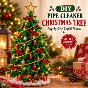Op de afbeelding: Een groene kerstboom van pijpenragers met een gouden ster bovenop, versierd met rode strikken, gouden en zilveren ornamenten en kerstverlichting. Tekst: DIY PIPE CLEANER CHRISTMAS TREE Step-by-Step Digital Pattern. LED LIGHTS • ORNAMENTS • STAR.