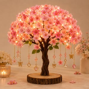 Könnte beinhalten: Eine dekorative Baumlampe mit einer dichten Krone aus rosa Kirschblüten, die von kleinen warmweißen Lichtern beleuchtet wird. Der Baum hat einen strukturierten braunen Stamm auf einem runden Holzsockel und hängende Goldketten mit Kristallperlen, Herzen und Schmetterlingsanhängern.