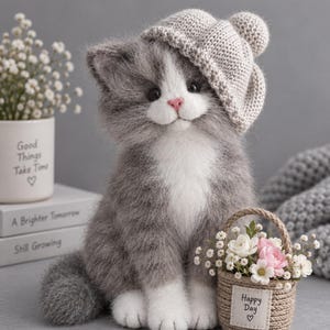 Puede incluir: Una figura de gatito gris y blanco esponjoso que lleva un gorro de punto gris claro con un pompón. El gatito está sentado junto a una pequeña cesta tejida que contiene flores blancas y rosas con una etiqueta que dice Happy Day y un corazón.