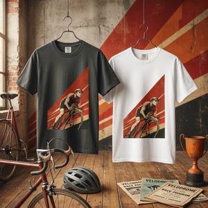 May include: A charcoal gray t-shirt and a white t-shirt, both featuring a graphic print of a cyclist in a cap riding a bicycle against a red triangular background. The shirts are displayed on hangers, with a bicycle, helmet, and race programs nearby.