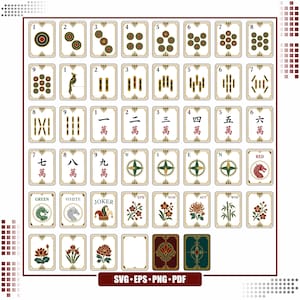 May include: A comprehensive set of Mahjong tiles displayed in a grid, featuring numbered circles, bamboo sticks, Chinese characters, directional winds, dragons, seasonal flowers, and joker cards. The tiles have white faces with gold borders and detailed illustrations.