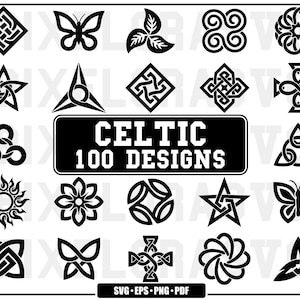 May include: A collection of black and white graphic symbols featuring various geometric, floral, and knotwork patterns. A central black rectangular label displays the white text CELTIC 100 DESIGNS, with SVG EPS PNG PDF listed at the bottom.
