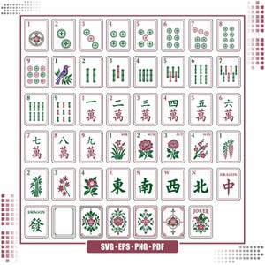 May include: A comprehensive set of Mahjong tiles arranged in a grid, featuring numbered dots, bamboo sticks, Chinese characters, seasonal flowers, cardinal directions, dragons, and a joker tile, all rendered in a consistent green and maroon color palette.