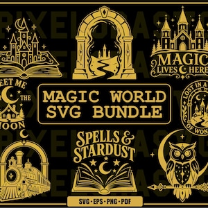 Peut inclure: Une collection de motifs graphiques dorés sur fond noir représentant des châteaux, un livre ouvert, un train, un hibou et des lunes. Le texte inclut MAGIC WORLD SVG BUNDLE, MAGIC LIVES HERE, MEET ME UNDER THE MOON et SPELLS & STARDUST.