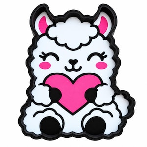 May include: A black-rimmed cookie cutter shaped like a cartoon llama holding a large pink heart. The llama has white fur, pink inner ears, pink cheeks, and black details for the eyes, nose, mouth, and paws, creating a clear, defined outline.