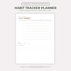 Könnte beinhalten: Eine digitale Gewohnheits-Tracker-Planervorlage mit dem Text "VERSION-1 - INSTANT DOWNLOAD", "HABIT TRACKER PLANNER", "CANVA FREE EDITABLE + PRINTABLE + PDF", "Habit Tracker", "Key", "Completed", "Missed", "Partial" und "Monthly Reflection".