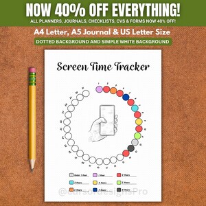 Peut inclure: Une feuille de papier blanche intitulée Screen Time Tracker présentant une disposition circulaire de cercles numérotés, une illustration centrale d'une main tenant un smartphone et une légende en couleur en bas, avec un crayon jaune.