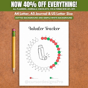May include: A white paper sheet titled Inhaler Tracker featuring a central line-art illustration of an inhaler surrounded by a circular tracking chart with numbered white, red, and green circles, accompanied by a yellow pencil on the left.