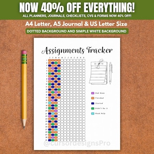 May include: A white paper sheet titled Assignments Tracker with a grid of numbered rows and month columns. The grid contains colored squares representing status, with a notepad illustration and a yellow pencil on the left side.