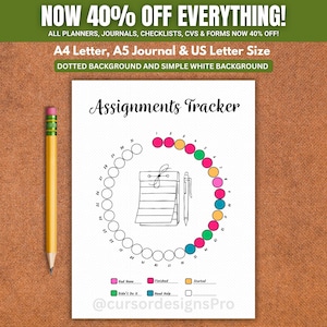 May include: A white Assignments Tracker printable sheet featuring a circular progress chart with numbered dots, a central notepad and pen illustration, and a color-coded legend. A yellow pencil with a pink eraser lies to the left.