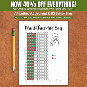 Pode incluir: Uma folha de papel branca intitulada Plant Watering Log com uma grade para meses e dias. A grade apresenta quadrados vermelhos e verdes, uma pequena ilustração de uma pessoa regando uma planta e uma legenda para Yes e No. Um lápis amarelo encontra-se à esquerda.