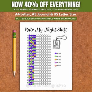 May include: A printable Rate My Night Shift tracker sheet featuring a grid with numbered rows 1-31 and columns for months, a badge illustration, and a color-coded legend for 1 to 5 star ratings, accompanied by a yellow wooden pencil.
