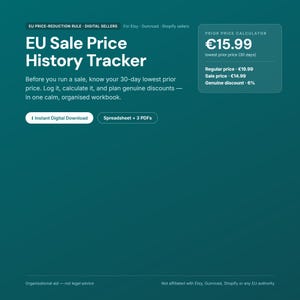 Prishistorikspårning för EU-försäljning · 30 dagars lägsta tidigare pris för Etsy-rabatt | Digitalt kalkylblad för efterlevnad av EU-säljare