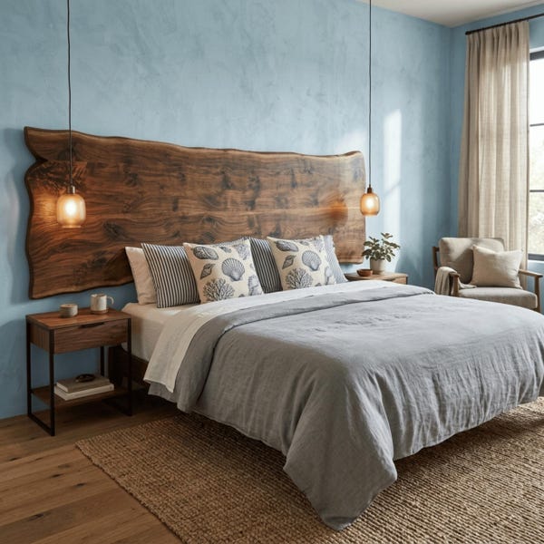 May include: A bedroom featuring a large, live-edge dark wood headboard mounted on a light blue wall. The bed is dressed in a gray duvet with striped and seashell-patterned pillows. Two pendant lights hang above a wooden nightstand with a black metal frame.